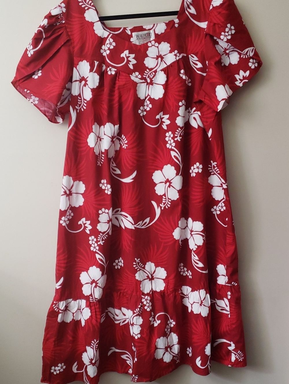 Red Floral Hawaiian Mumu Maxi Dress with White Hibiscus Print